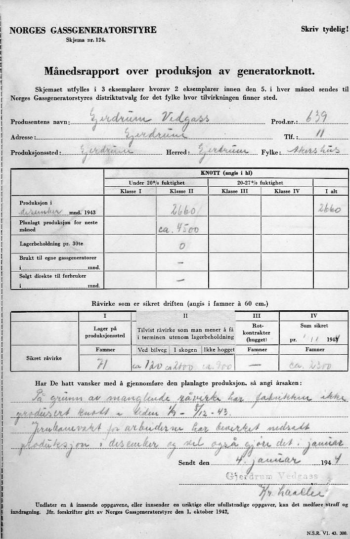 Månedsrapport til Norges Gassgeneratorstyre desember 1943 Salget var også organisert.