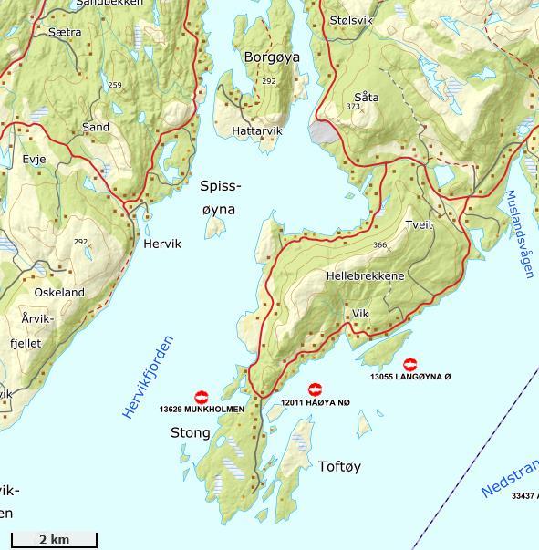 OMRÅDESKILDRING Straummålingane er utført i Hervikfjorden i Tysvær kommune, mellom Spissøyna og fastlandet i aust, litt nord for Narravika (figur 2 og figur 3).