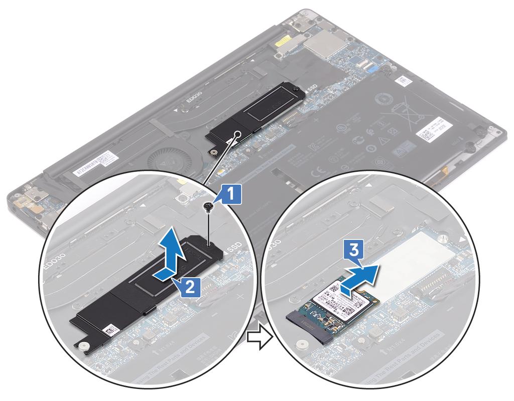 Procedure to remove M.2 2230 solid-state drive (Fremgangsmåte for å ta ut M.2 2280 SSD-disken) 1. Fjern (M2x3)-skruen som fester SSD-diskvernet og SSD-disken til hovedkortet. 2. Skyv og ta ut SSD-diskvernet fra SSD-disksporet.