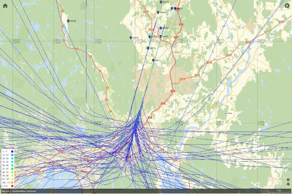 9.3.1 Landinger Landinger fra sør med jetfly, eksempeldag med nordlig trafikkretning hele dagen Figur 2. Mandag 26.08.2019 landinger med jetfly, 117 stk.