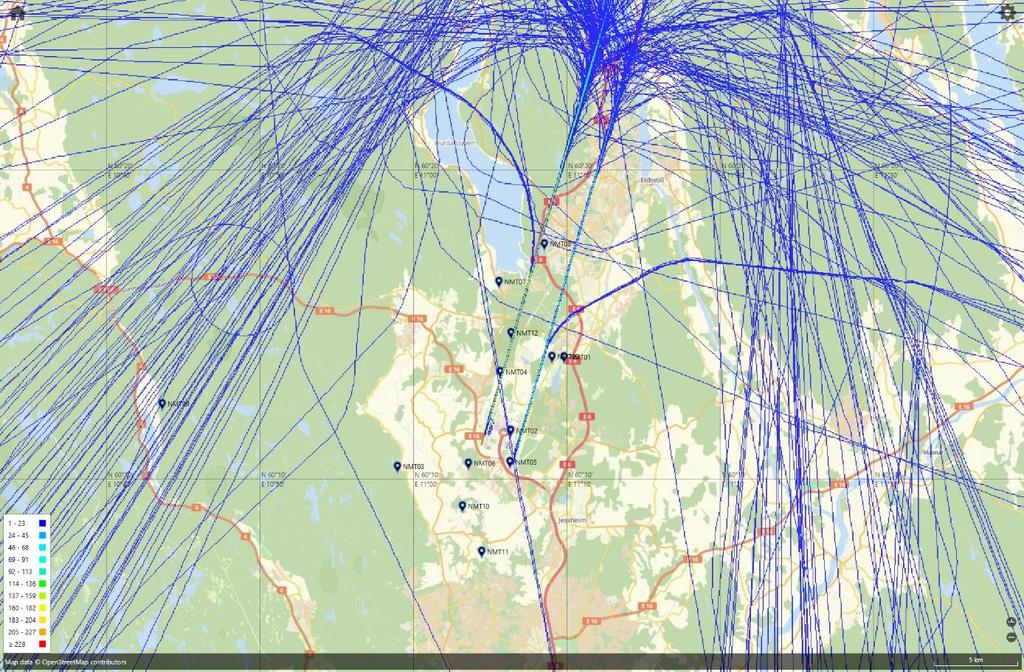 Landinger fra nord med jetfly, eksempeldag med sørlig trafikkretning hele dagen Figur 4. Mandag 12.08.2019 landinger jetfly, 329 stk.