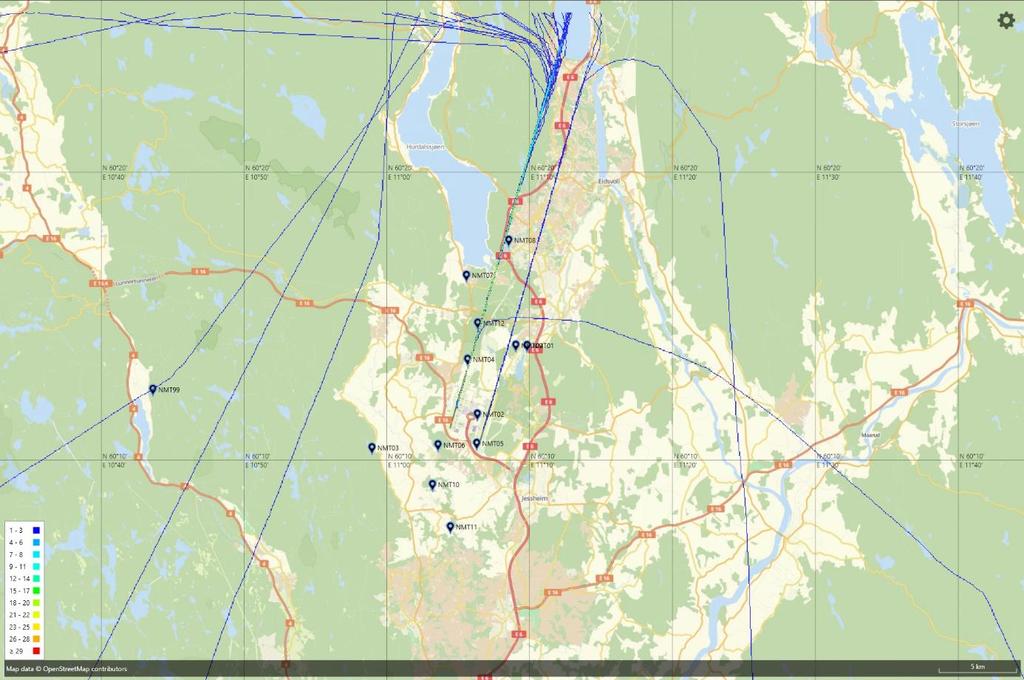 Landinger fra nord med andre flytyper, eksempeldag med sørlig trafikkretning hele dagen Figur 5. Mandag 12.08.2019 landinger med de flytypene som ikke er vist i figur 4, 32 stk.