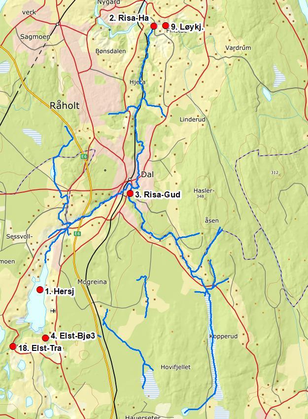 VF Risa med tilløpsbekker (002-2347-R) Risa med tilløpsbekker ble i 2018 som i 2015-2016 og 2017 overvåket ved to vannlokaliteter i hovedvassdraget, 002-82954 og 002-58999.