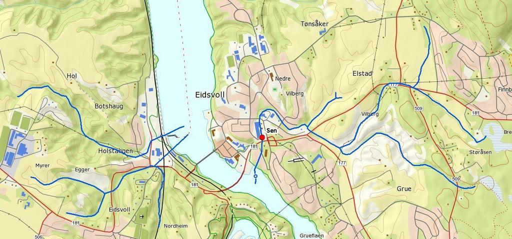 VF Sentrumsbekkene (002-1582-R) Sentrumsbekkene ble i 2018 overvåket med en vannlokalitet - 002-58994 i bekken som renner gjennom Eidsvoll sentrum. Vannlokalitetens plassering er vist i figur 3-13.