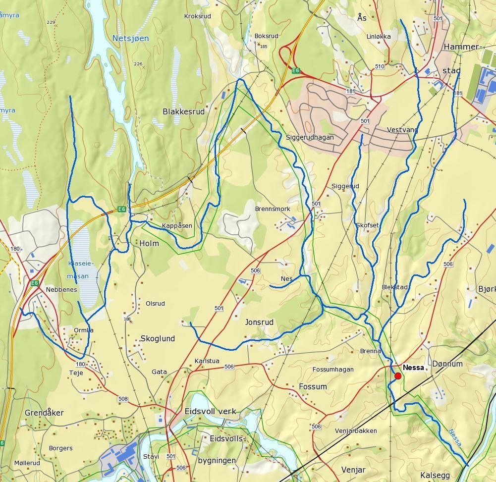 VF Nessa med tilløpsbekker (002-1551-R) Nessa med tilløpsbekker ble i 2018 overvåket i en vannlokalitet 002-59003 beliggende i hovedbekken. Vannlokalitetens plassering er vist i figur 3-18.
