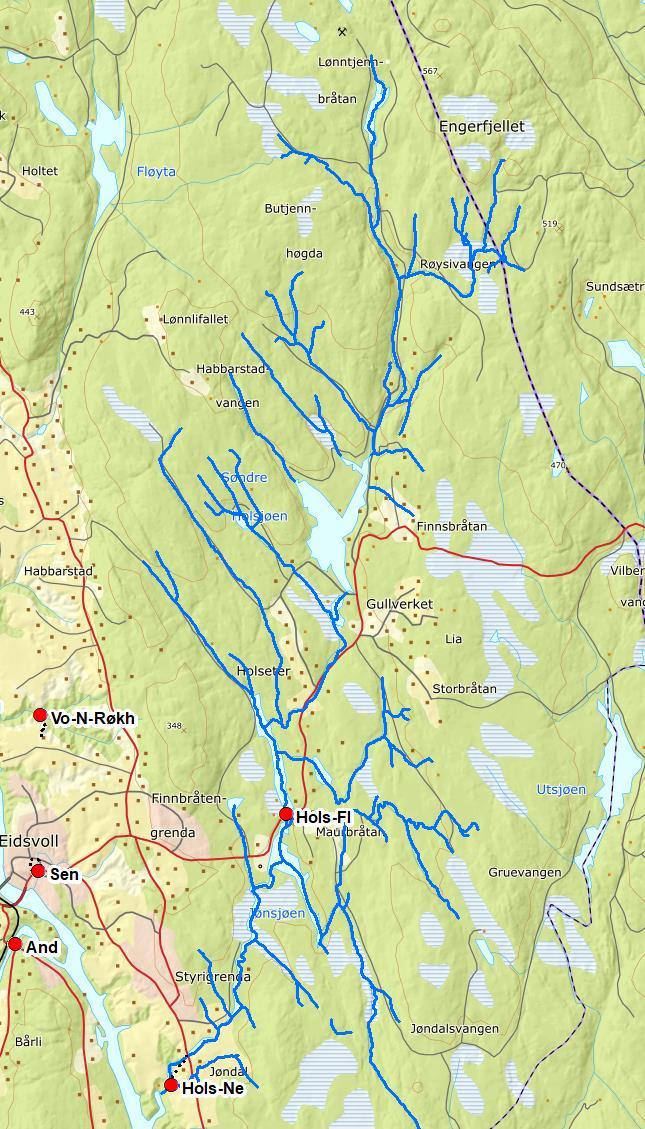 VF Holsjøvassdraget med tilløpsbekker (002-307-R) Holsjøvassdraget med tilløpsbekker består av to vannlokaliteter, Jøndalsåa (002-59002) beliggende nederst i hovedbekken og ved utløpet av Fløyta