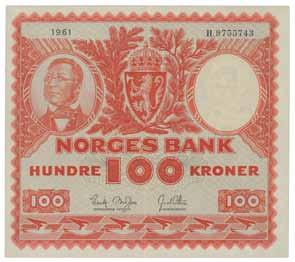 100 kroner 1957 F, 1977 J, 1977 AC, 50 kroner 1976 H, 2000, 10 kroner 1973 P og 1973 AF. Den første er i kvalitet 1 resten 0 800 146 100 kroner 1958. F4621505 1+ 400 147 100 kroner 1958.