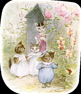 Da de tre kattungene var klare, var Fru Tabita så tankeløs at hun sendte dem ut i hagen, så de var ute av veien en stund mens hun lagde ristet brød med
