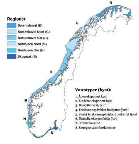 Vedlegg 5- Referansetilstander De forskjellige økoregionene er illustrert i Figur V6.1 og det er også gitt en forklaring på de forskjellige vanntypene i figuren.