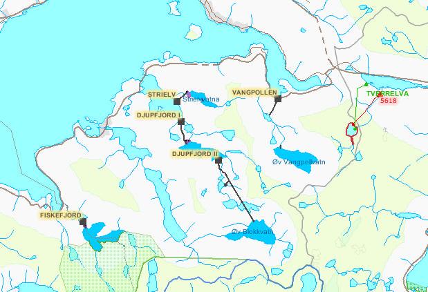 Figur 3 Tidligere utbygde kraftverk i nærområdet til Tverrelva (markert med svart hentet fra NVE) Tiltakshavers forslag til avbøtende tiltak Alternativ 3. og 4.