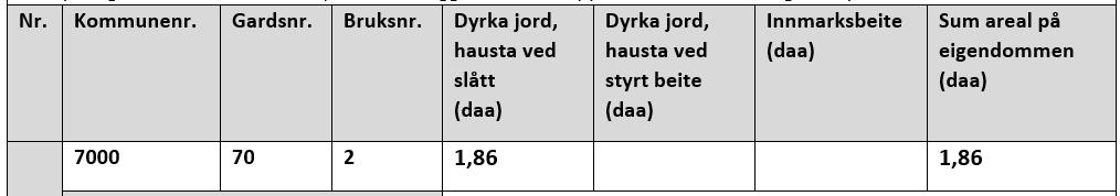 Eksempel 4: Andre areal som ikkje er registrert i gardskart som fulldyrka jord, overflatedyrka jord, innmarksbeite eller utvald/trua naturtype. Her må ein spesifisere dvs.