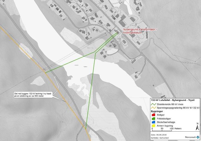 Side 28 en ny ledning på ca. 370 meter mellom de to punktene der dagens ledning går inn og ut mot stasjonen (gul strek). Figur 10: Kartutsnitt av Nybergsund transformatorstasjon.