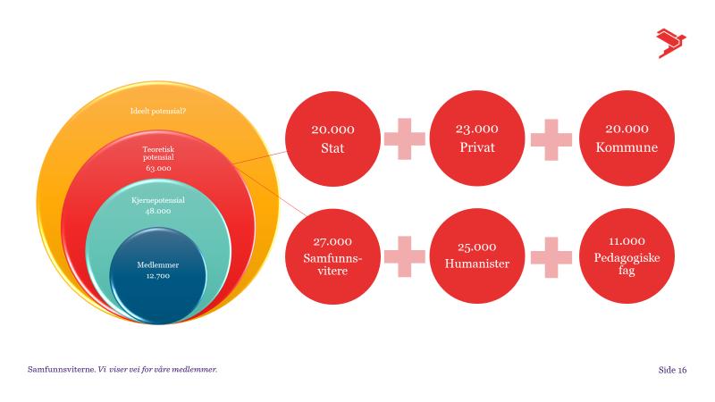 Det er også utarbeidet en oppdatert oversikt over medlemsmassen og medlemspotensialet i de ulike sektorene. Oversikten viser at foreningen har et medlemspotensiale totalt sett på ca. 60 000 medlemmer.