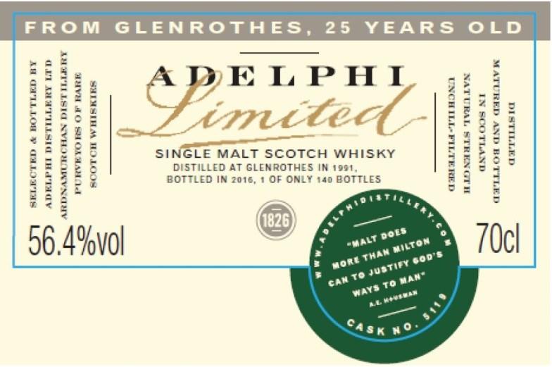 Nytt fra Adelphi Adelphi Limited Glenrothes 1991 25yr old Speyside #5119 Destillert i 1991 på Glenrothes, lagret på en refill amerikansk eik ex-sherry hogshead.