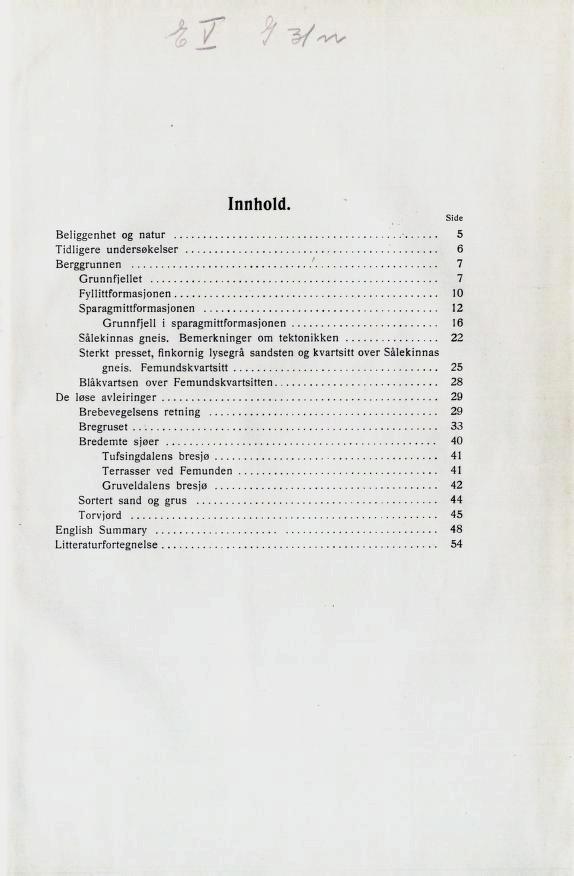 il' a/ 'vy Innhold. Beliggenhet og natur 5 Tidligere undersøkelser 6 Berggrunnen 7 Grunnfjellet 7 Fyllittformasjonen 10 Sparagmittformasjonen 12 Grunnfjell i sparagmittformasjonen 16 Sålekinnas gneis.