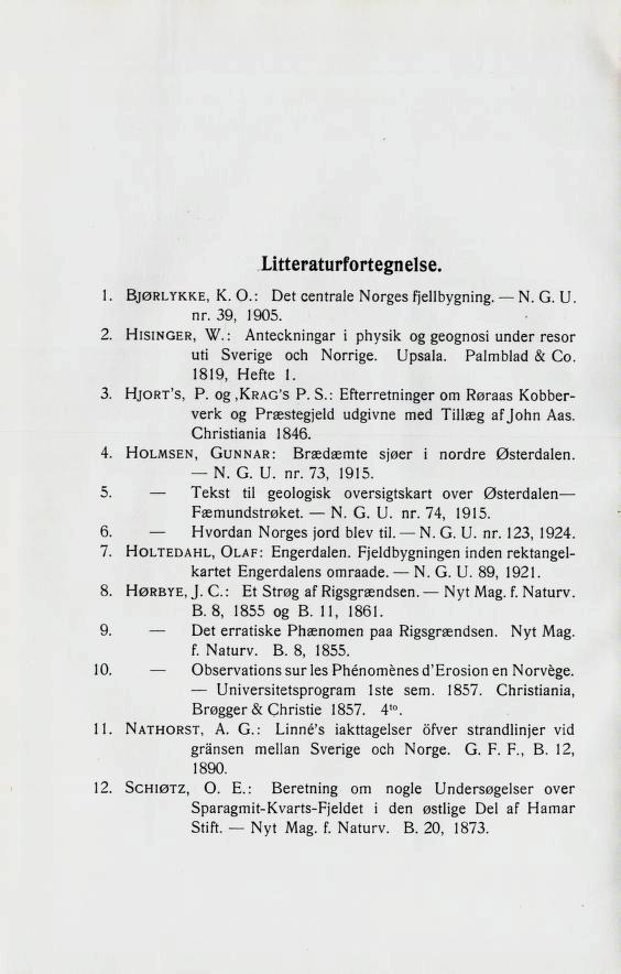 I.itteraturk()rteBnelBo. 1. Bjørlykke, K. O.: Det centrale Norges fjellbygning. N.G. U. nr. 39, 1905. 2. Hisinger, W. : Anteckningar i physik og geognosi under resor uti 3verize ocn I^orrize. 1^p8212.