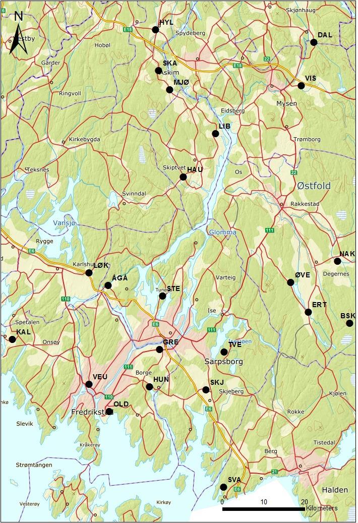 Figur 1 Prøvetakingsstasjoner undersøkt i vannområdet Glomma sør for Øyeren (for stasjonsoversikt med fullstendige artsnavn se Vedlegg 1; bakgrunnskart: WMS fra kartverket).