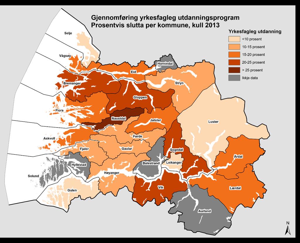 Gjennomføring Prosentvis slutta undervegs i yrkesfagleg utdanningsprogram, kull 2013 Naustdal 28,6 Gloppen Bremanger Vik Sogndal Lærdal Vågsøy Askvoll Sogn Nordfjord Sogn og Fjordane Sunnfjord Flora