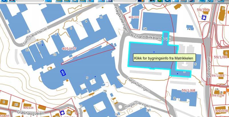 Kartet under er et utsnitt fra Gløshaugen. Skolelaboratoriet befinner seg nær prikken i 2. etasje (se pil). Kartet er hentet fra: https://kart5.nois.no/trondheim/content/main.asp?