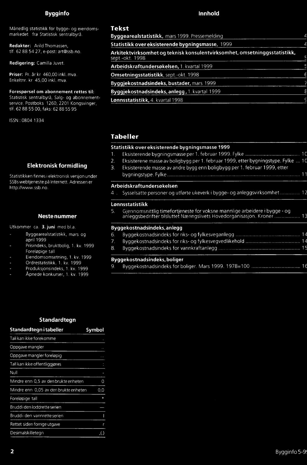 kvartal 1999 Omsetningsstatistikk, sept.-okt. 1998 Byggjekostnadsindeks, bustader, mars 1999 Byggjekostnadsindeks, anlegg, 1. kvartal 1999 Lønnsstatistikk, 4.