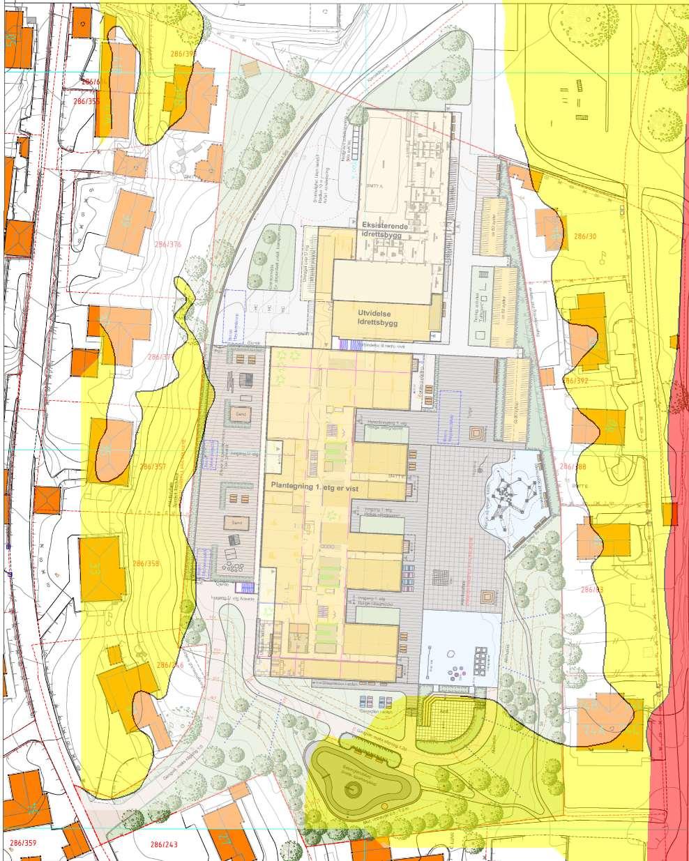 STØYSONEKART - Garnes skole - 01 Støysonekart 4m Kunde: Bergen kommune Situasjonsbeskrivelse: Situasjon i år 2034 med prognoserte trafikkmengder på veg.