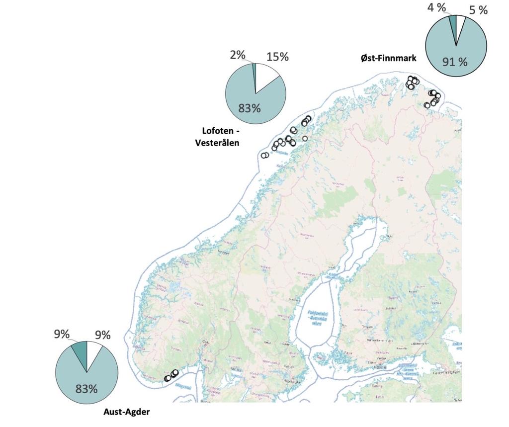 3. MENGDEN MARIN FORSØPLING Figur 3: Oversikt over «strender» hvor søppel ble registrert i MAP 2017-2019 (små hvite sirkler).