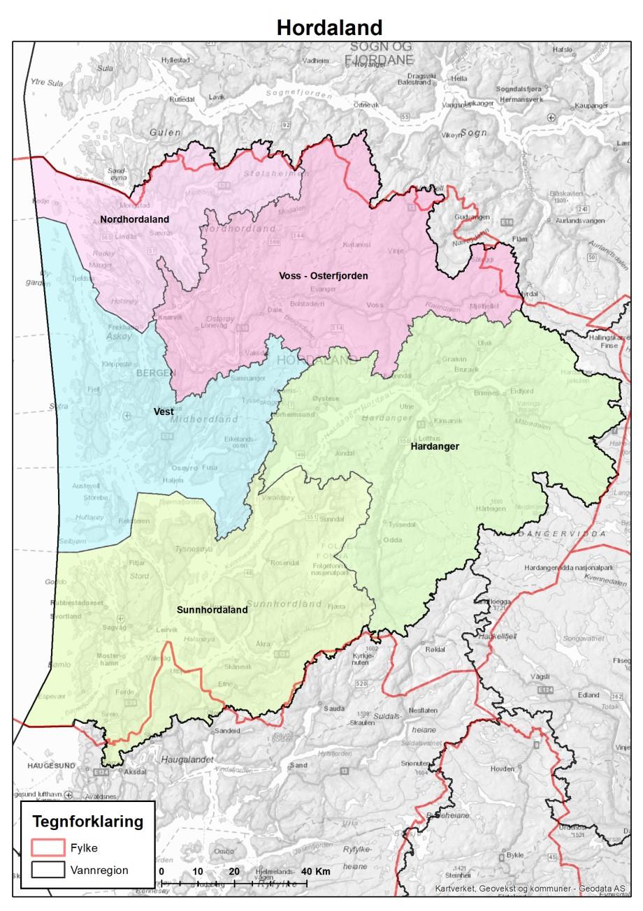 Figur 4 Kart som viser Hordaland vassregion med vassområda.