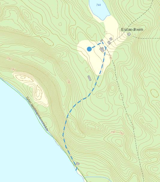 Kartet viser kjøretrase fra naustet og fram til Essandheim. Kjøretraseen er en godt opparbeidet sti.