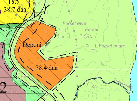 Figur 2: Utsnitt fra «Kommunedelplan for Vassfjellet, Tanem Tulluan» Ved utarbeidelse av kommunedelplanen for Vassfjellet ble et område på 102 daa foreslått avsatt til deponi før høring.