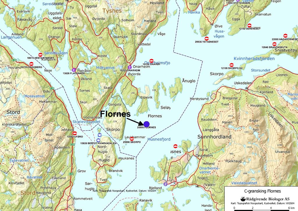 OMRÅDESKILDRING C-granskinga er utført på lokaliteten Flornes i Tysnes kommune og ligg i Husnesfjorden, som er en del av Hardangerfjorden mellom Tysnes og Kvinnherad (figur 1).