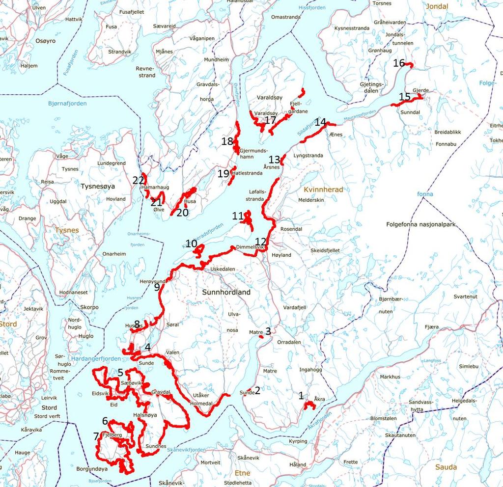 5 Kartleggingsområde og resultat Kartleggingsområda markert med rød linje, og er vidare i rapporten inndelt og skildra i følgjande i delområde: 1. Åkra 2. Matre Ferjekai 3. Indre Matre 4.