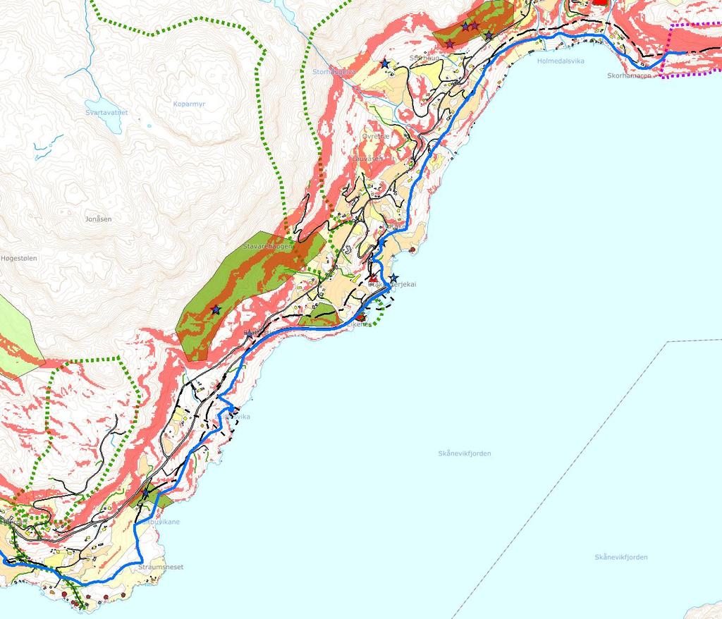 5.4.4 Utåker - Holmedal Blå strek viser. Svart stipla strek viser 100-metersbeltet Området har ein del spreidd utbygging som er ei blanding av bustadar, hytter og landbruksbygningar.