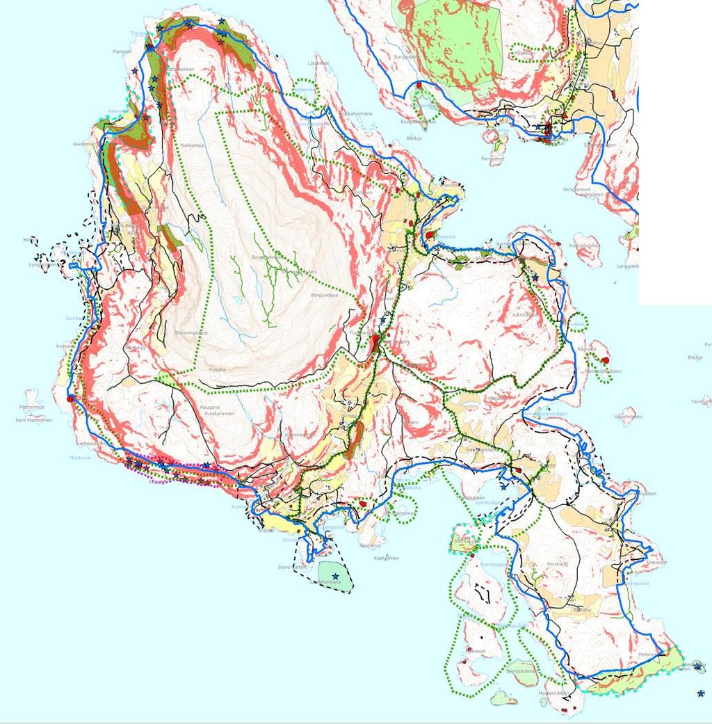 5.7 Område 7 Borgundøy Blå strek viser. Svart stipla strek viser 100-metersbeltet Kartleggingsområdet omfattar heile Borgundøy.