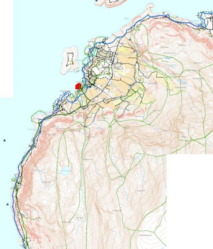 Funksjonell strandsone er frå vest mot aust sett: I overkant av bratt topografi og i framkant av bustadar som dannar bruksmessige barrierar, i 100-metersbeltet med omsyn til større landskapsrom med