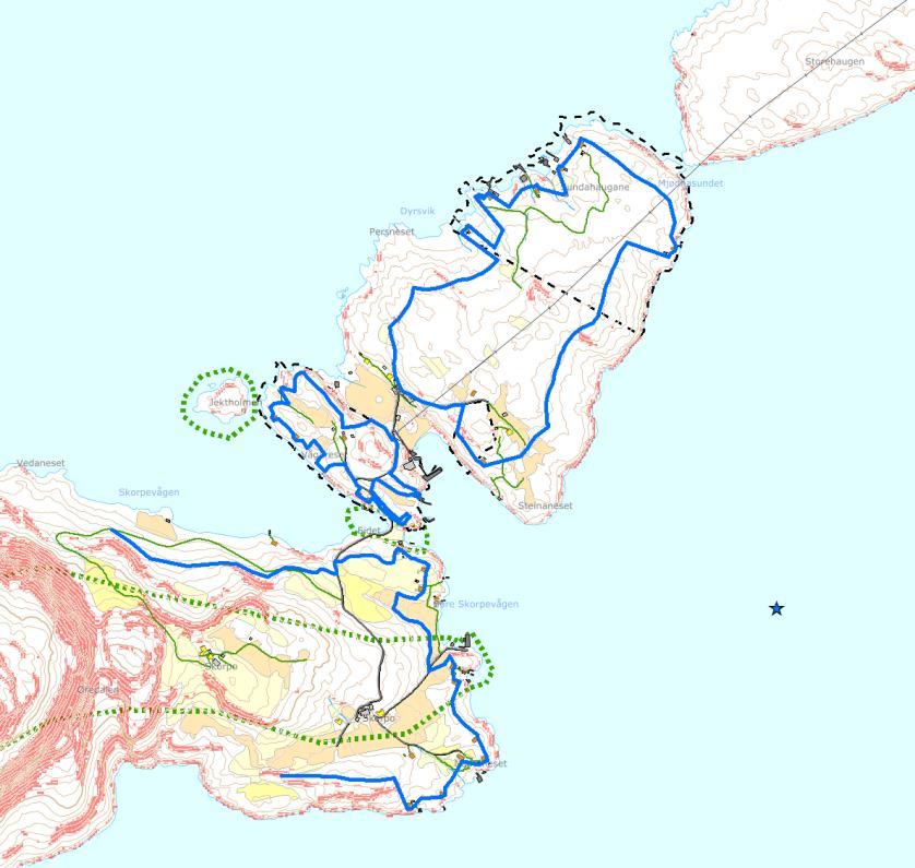 5.10 Område 10 Skorpo Blå strek viser. Svart stipla strek viser 100-metersbeltet Kartleggingsområdet omfattar strandsona på nordaustleg del av Skorpo.
