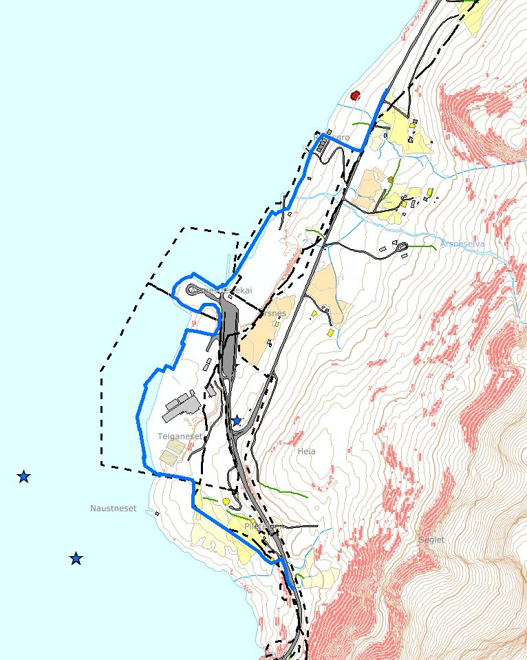 5.13 Område 13 Årsnes Blå strek viser. Svart stipla strek viser 100-metersbeltet Kartleggingsområdet omfattar området ved Årsnes ferjekai og næringsområde.