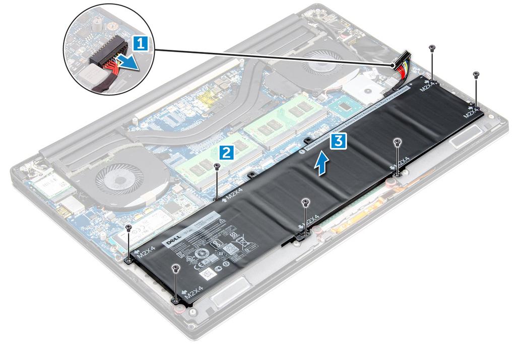 Kjøp alltid genuine batterier fra https://www.dell.com eller autoriserte Dell-partnere og videreforhandlere. Ta ut et batteri MERK Utlade batteriet så mye som mulig før du tar det ut av systemet.