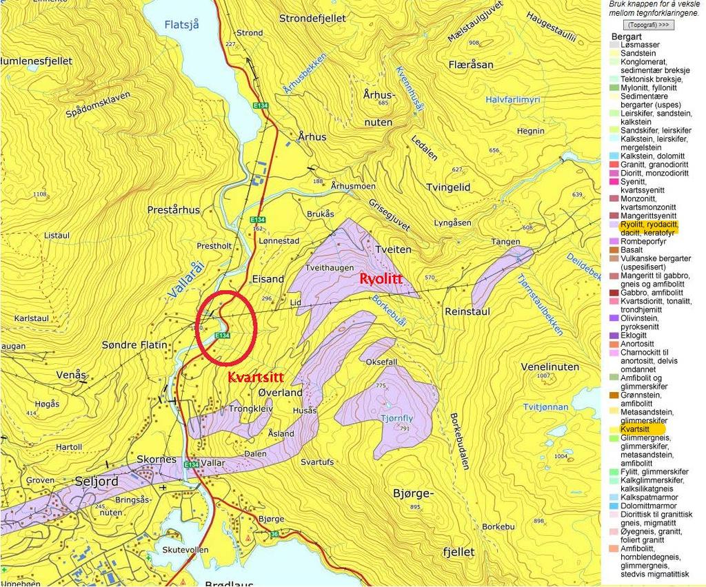Figur 1 Geologisk oversiktskart, fra NGU s kartbase (Kvartsitt = gult). Planområdet merket med rød ring.