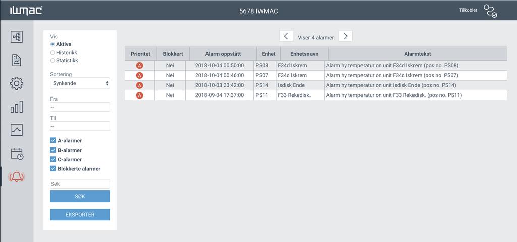 6 Alarm Vis aktive, historikk eller statistikk Velg periode Filtrer på alarmtyper Søk på alarmer Eksporter data Ringende alarmbjelle = A-alarm (Kritisk alarm) Figur 15 Alarmer 6.