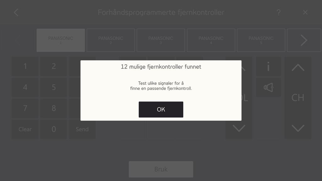 5. Når et merke er valgt, vil en popup vises med informasjon om hvor mange tilgjengelige forhåndsprogrammerte fjernkontroller som finnes. Velg OK-knappen. 6. Velg en fjernkontroll. 7.