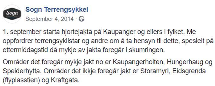 Tiltak stisykling Oppmoding frå Sogn terrengsykkel til syklistane om å ta