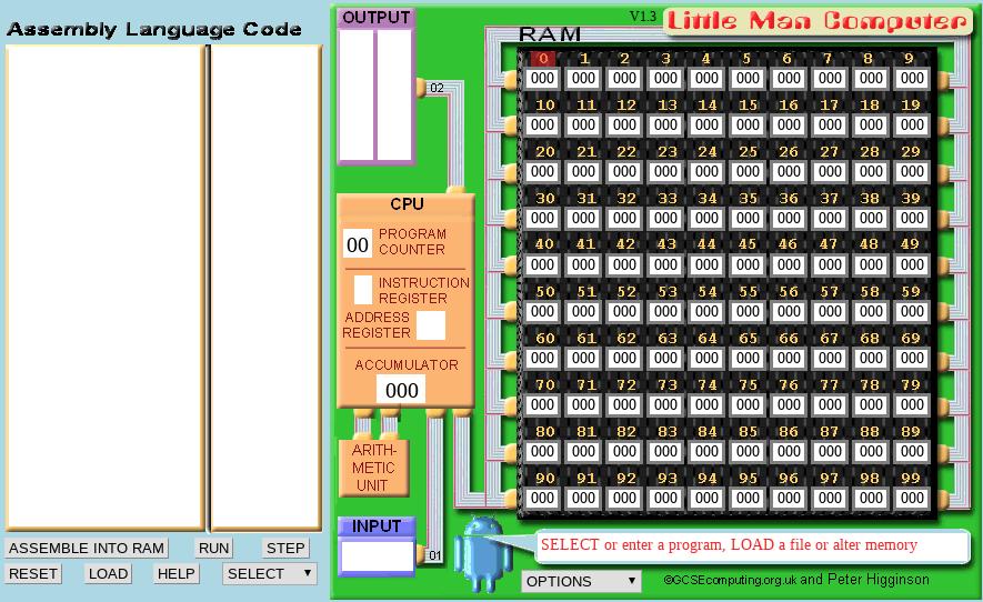 Little Man Computer LMC (= «Little Man Computer») Minne med 100 celler for program og data Fire registre: Accumulator