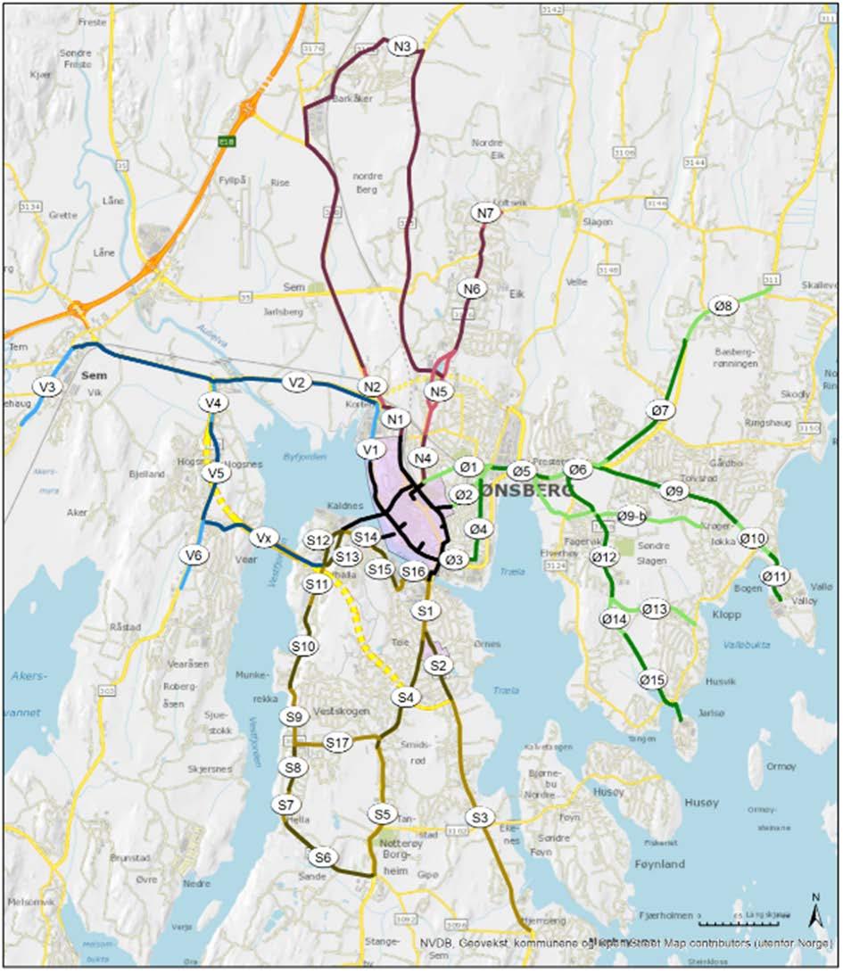 Figur 4: Hovedaksene for kollektiv, sykkel og gange. Rosa felt på planen markerer områdene som falle inn under gatebruksplan i Tønsberg og gatebruksplan på Teie.