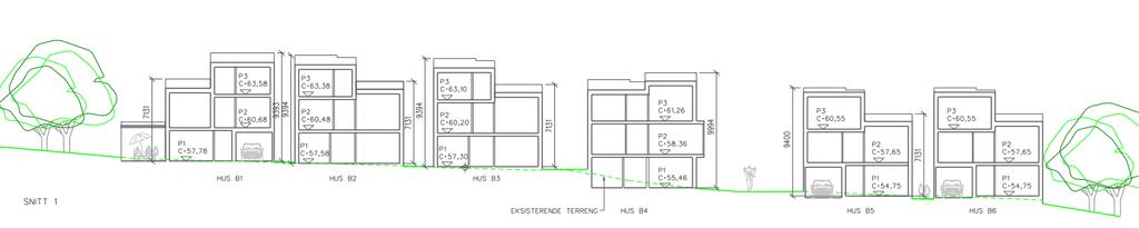 Bebyggelsens utforming, leilighetsfordeling, planløsning Bebyggelsen reguleres med oppdelte volumer som illustreres over, med en og to etasjer mot fellesområde og to og tre etasjer mot atkomstveg.