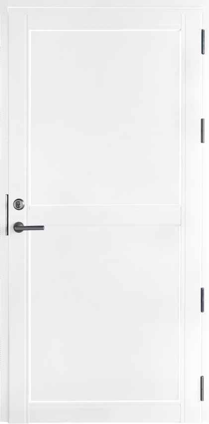 Terskelen er oljelasert bjørk og aluminium, 25mm høy. Døren leveres med låskasse ASSA 2002 og som standard med tett aluminiumsbekledning.