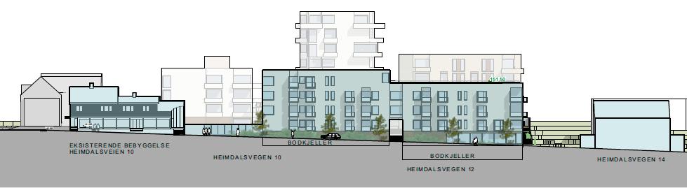 Snittegning av planlagt bebyggelse i Heimdalsvegen 10 og 12 Planen bedrer trafikksikkerhet forbi planområdet ved etablering av sammenhengende fortau langs Heimdalsvegen.