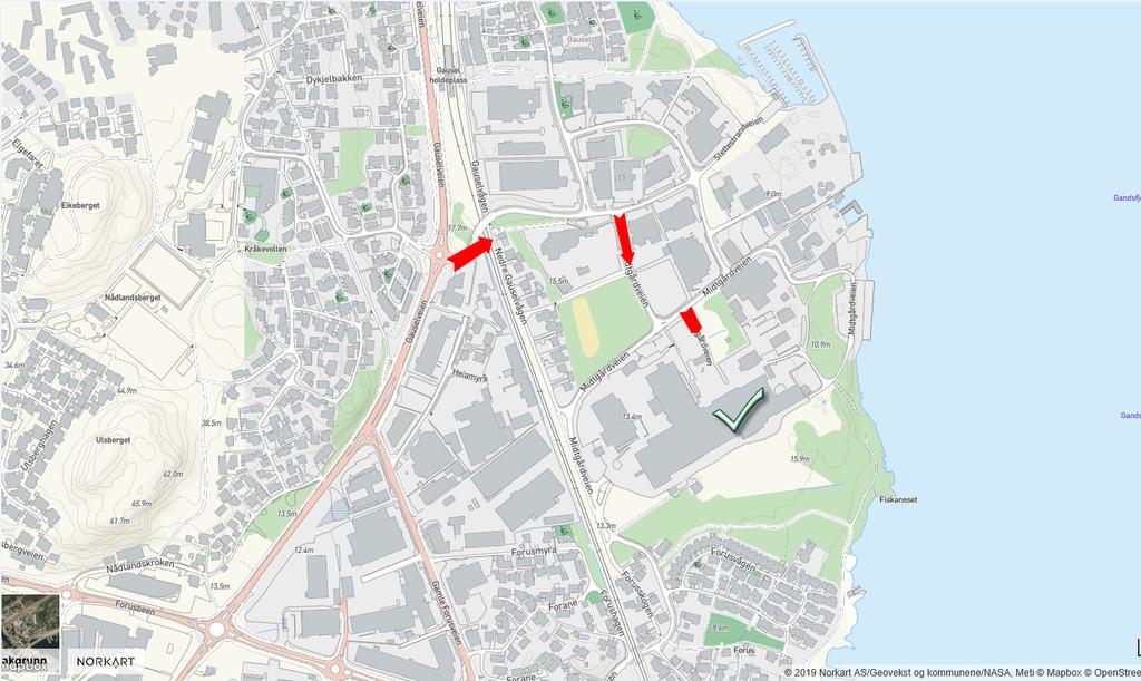 Transport av avfall og råstoff ref pkt 2.8: Transport inn og ut til eiendommen vil skje fra Gauselveien og inn Slettestrandveien videre til Midtgårdveien.