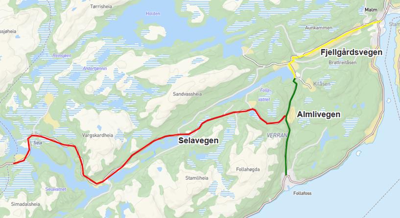 Almlivegen (markert i blått) i Steinkjer kommune ligger helt på grensa til Namdalseid kommune, og veien fortsetter som Almlivegen til kommunegrensa mellom Namdalseid kommune og Verran kommune Den