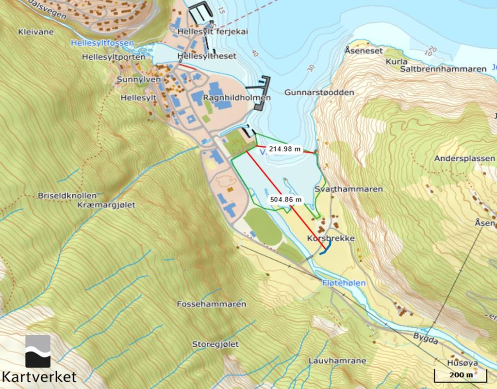 Blå strek på kartet ved Korsbrekke viser kor langt inn havet vil