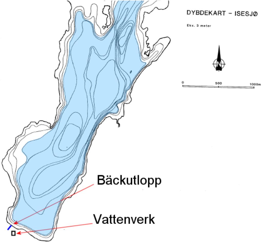 Figur 4 Dybdekart over Isesjøs søndre del, i området markert ned blått er dybden større enn 9 m. 3.